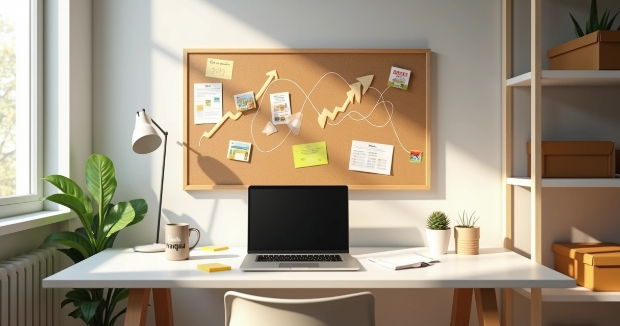 Ambiente de home office organizado com ícones de lucro flutuando ao redor 