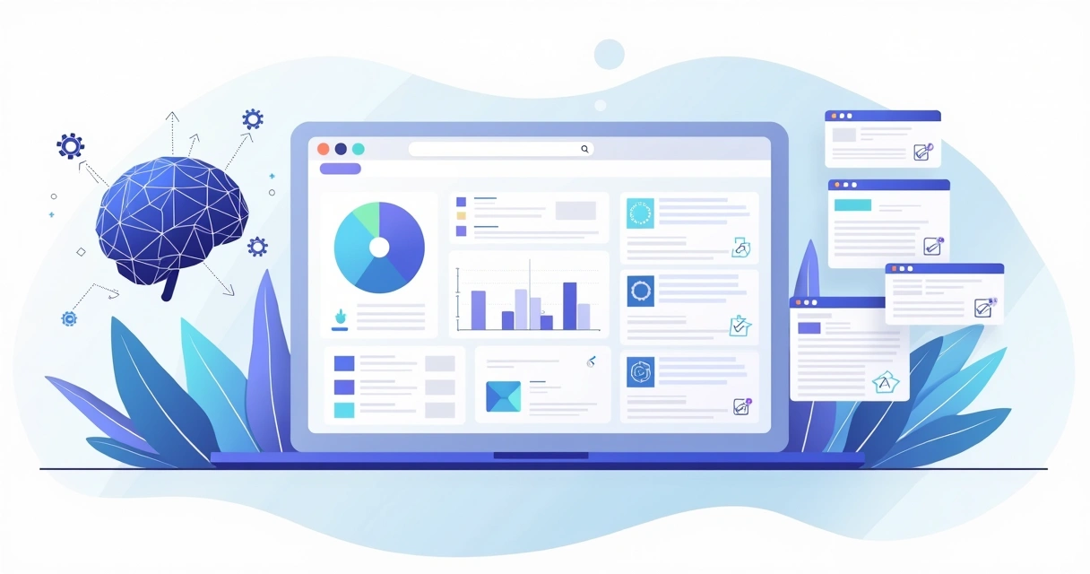 Painel de SEO detalhado com IA organizando ajustes em múltiplas páginas web 