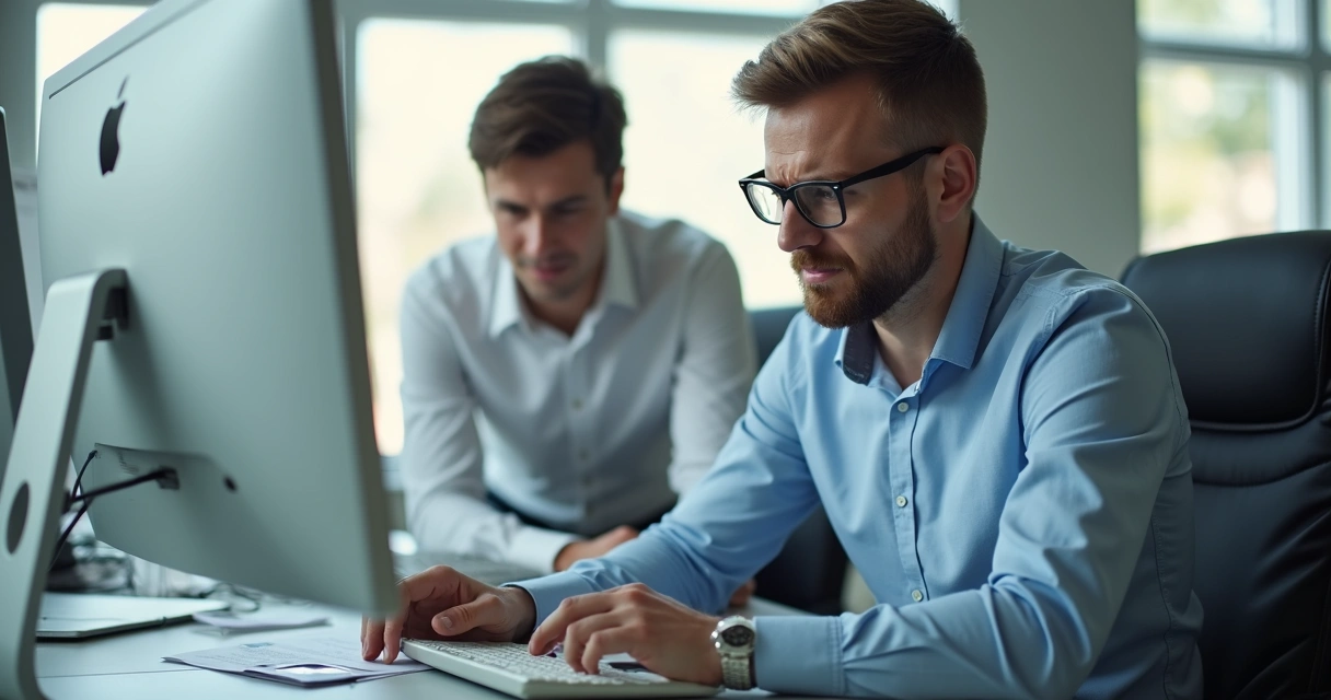 Pessoa olhando o computador enquanto líder observa por cima, demonstrando desconforto. 
