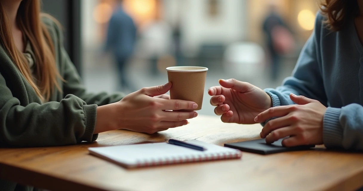 Mão oferecendo um copo de café a outra pessoa em gesto de apoio silencioso 
