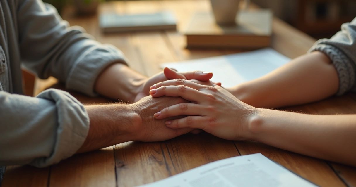 Manos entrelazadas sobre mesa en gesto de apoyo 