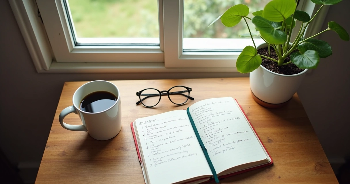 Mesa de trabajo con taza, cuaderno, y planta junto a una ventana