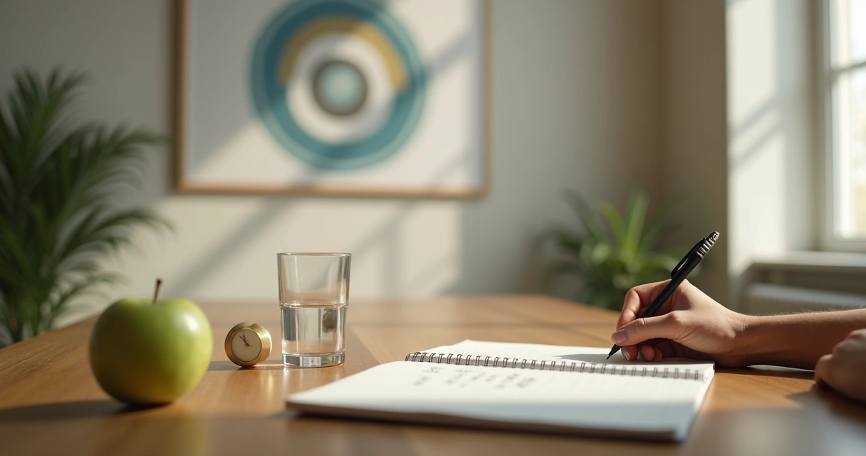 Persona sentada en mesa sencilla escribiendo pequeños hábitos en un cuaderno junto a una manzana verde 