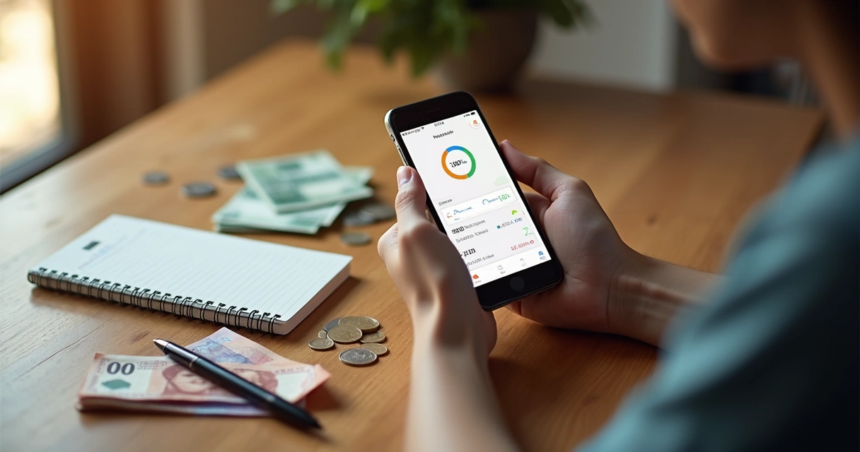Pessoa olhando para celular com aplicativo de finanças aberto na tela, mesa com notas, moedas e caderno ao lado 