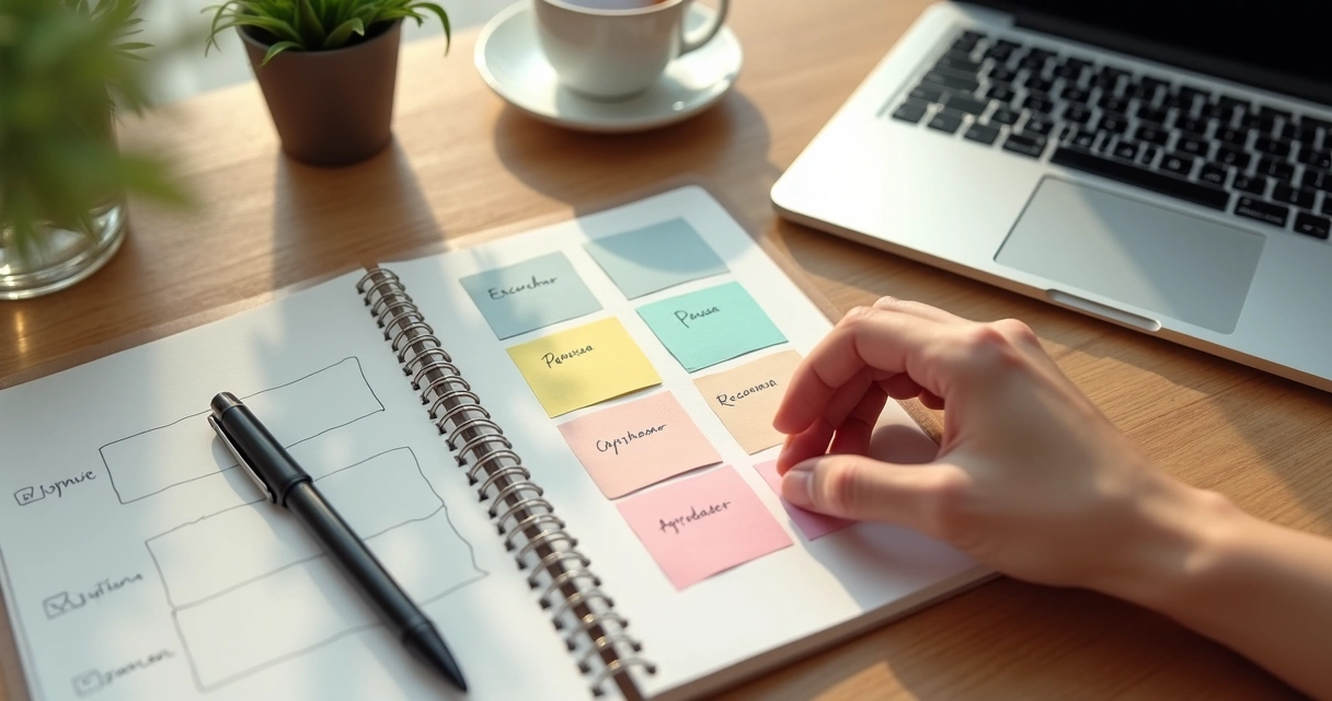Mano organizando pequeños post-its con hábitos de liderazgo consciente en un escritorio de trabajo 