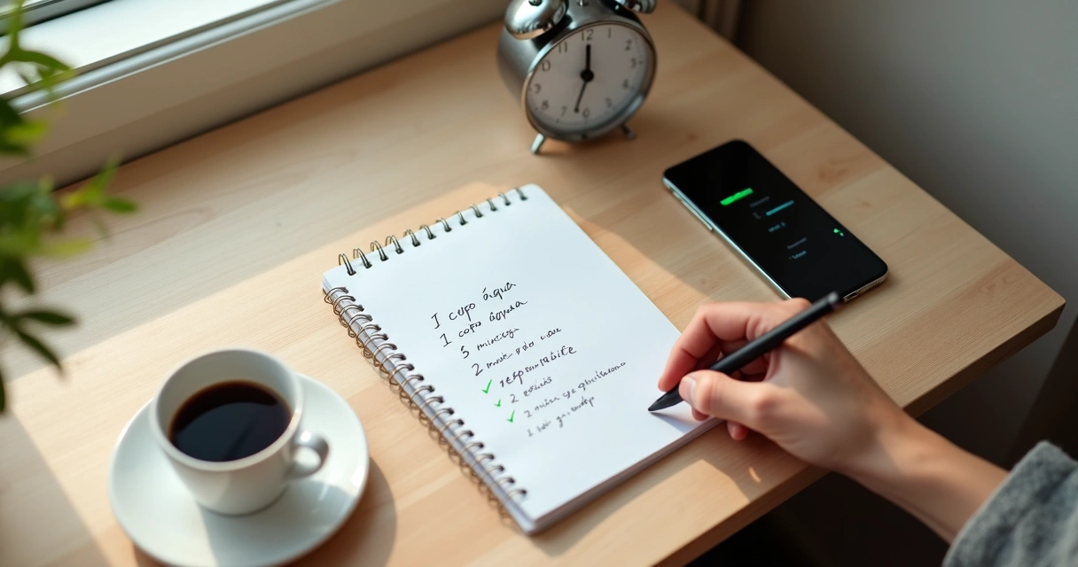 Pessoa escreve pequenos hábitos em caderno ao lado de xícara de café e relógio 