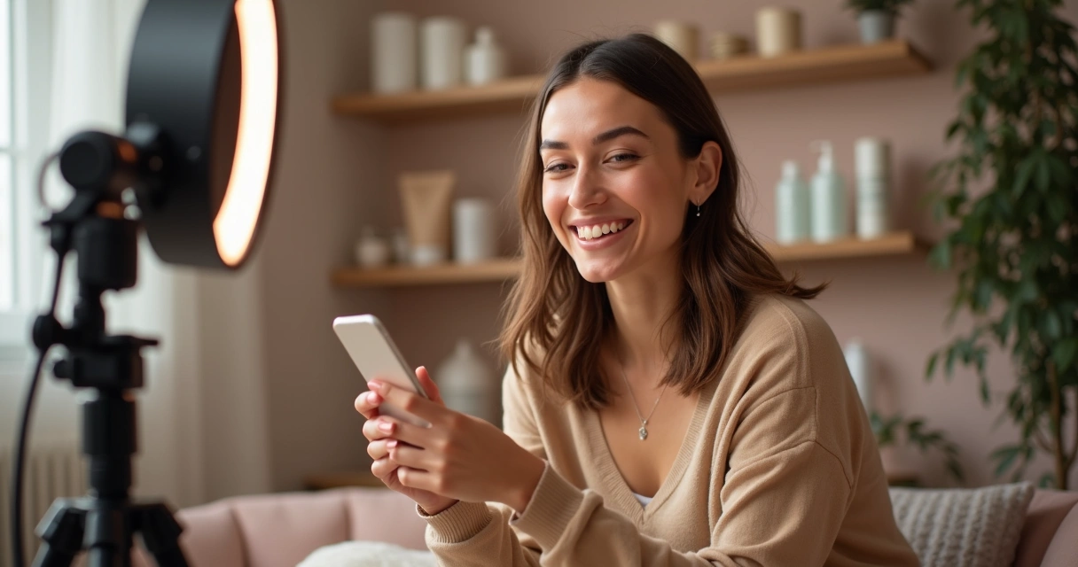 Microinfluenciador gravando vídeo de produto na frente do celular