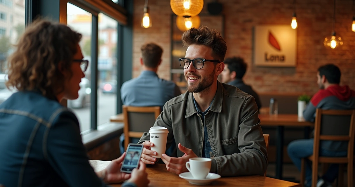 Microinfluenciador curitibano gravando vídeo em cafeteria local 