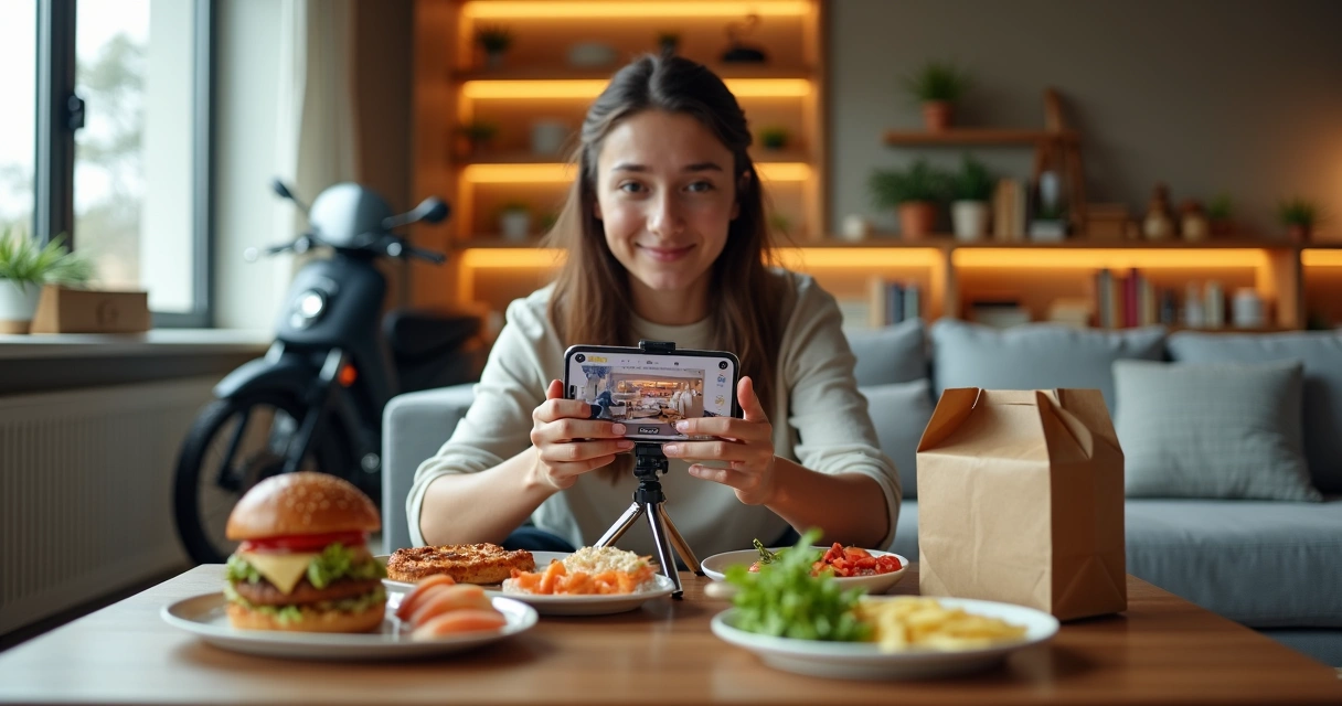 Microinfluenciador grava vídeo com comida de delivery aberta na mesa 