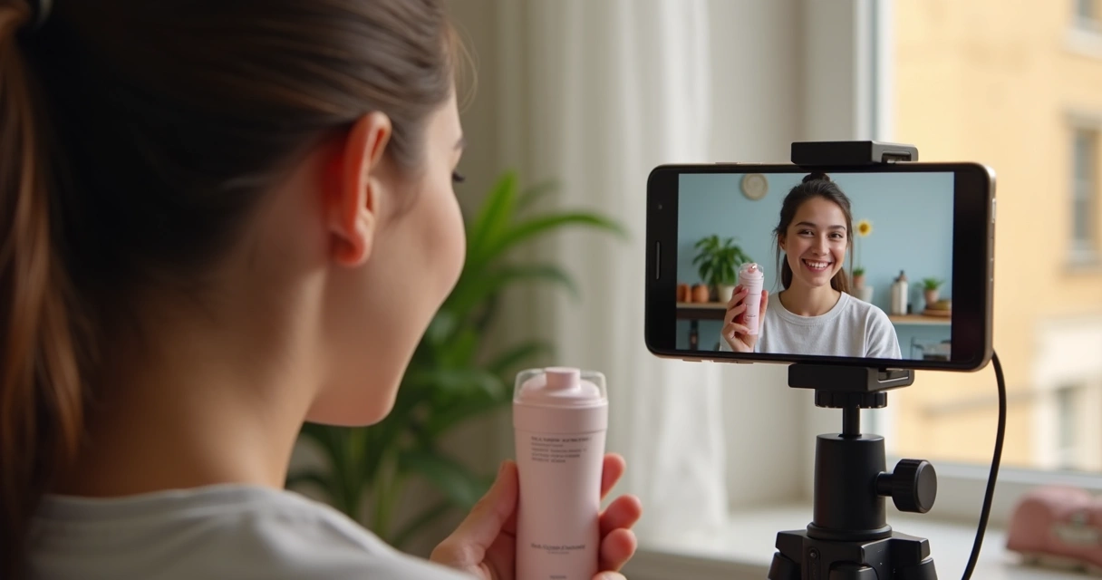 Jovem grava vídeo com produto nas mãos em cenário caseiro para rede social 