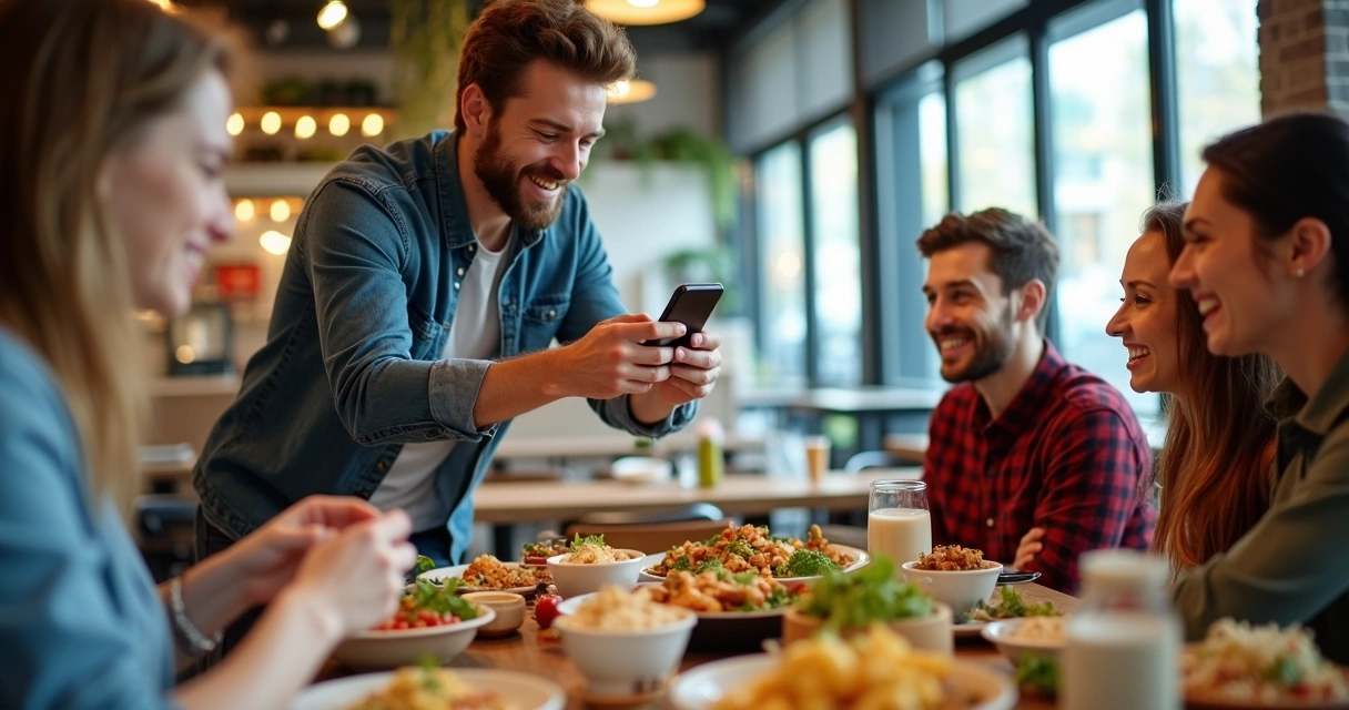Homem tirando foto de comida no restaurante com smartphone 