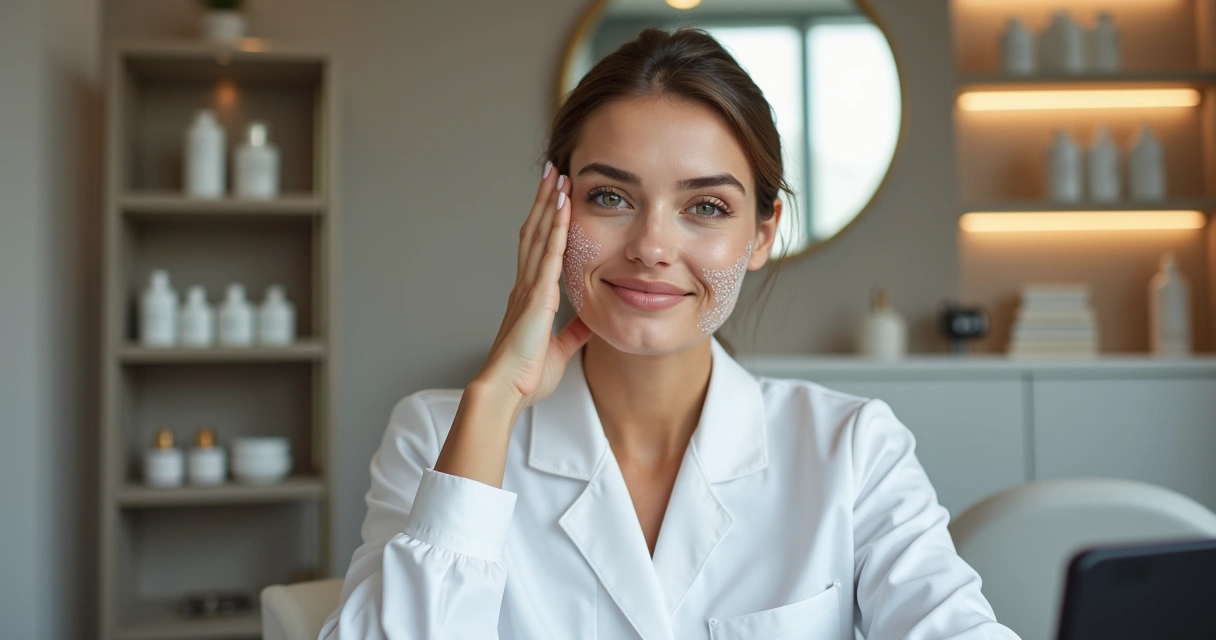 Microinfluenciadora demonstrando tratamento facial em clínica de estética 