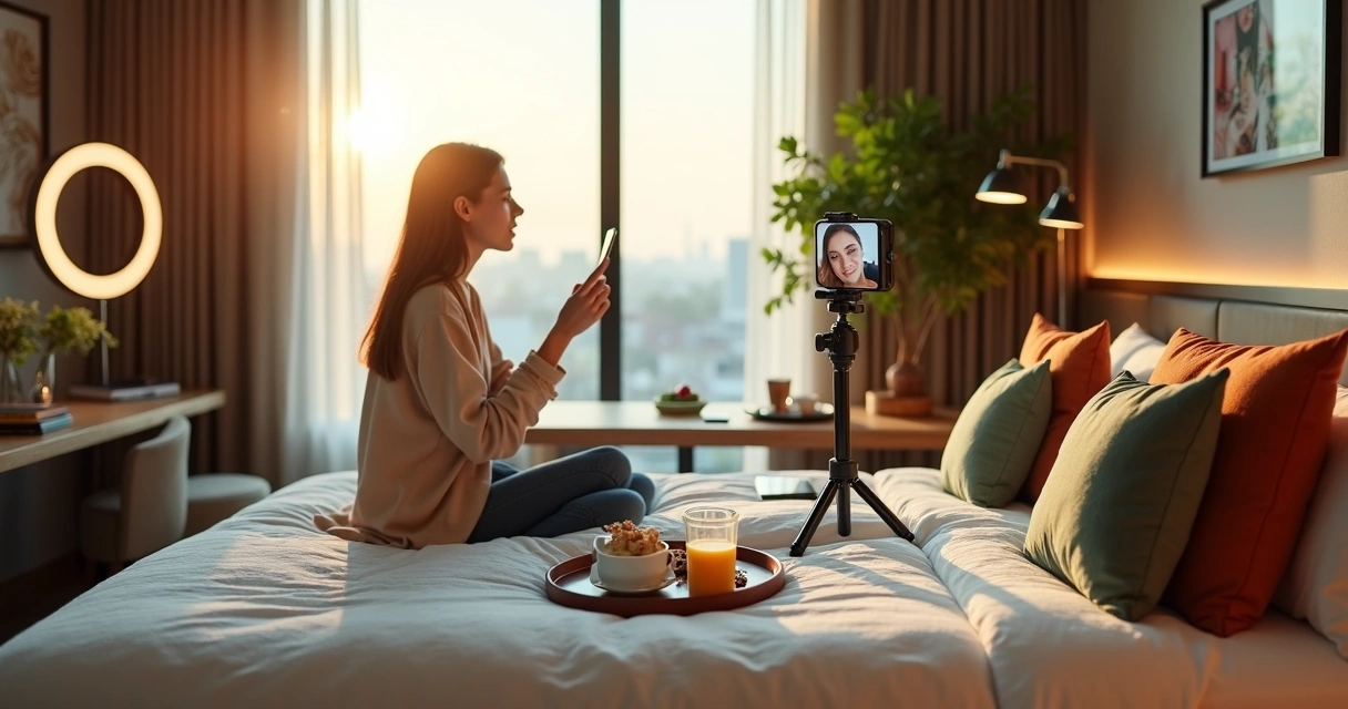 Microinfluenciadora gravando conteúdo de viagem em quarto de hotel moderno 