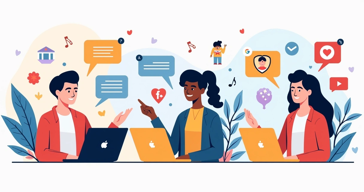 Microinfluenciadores de diferentes grupos interagindo online, cada um com público próprio