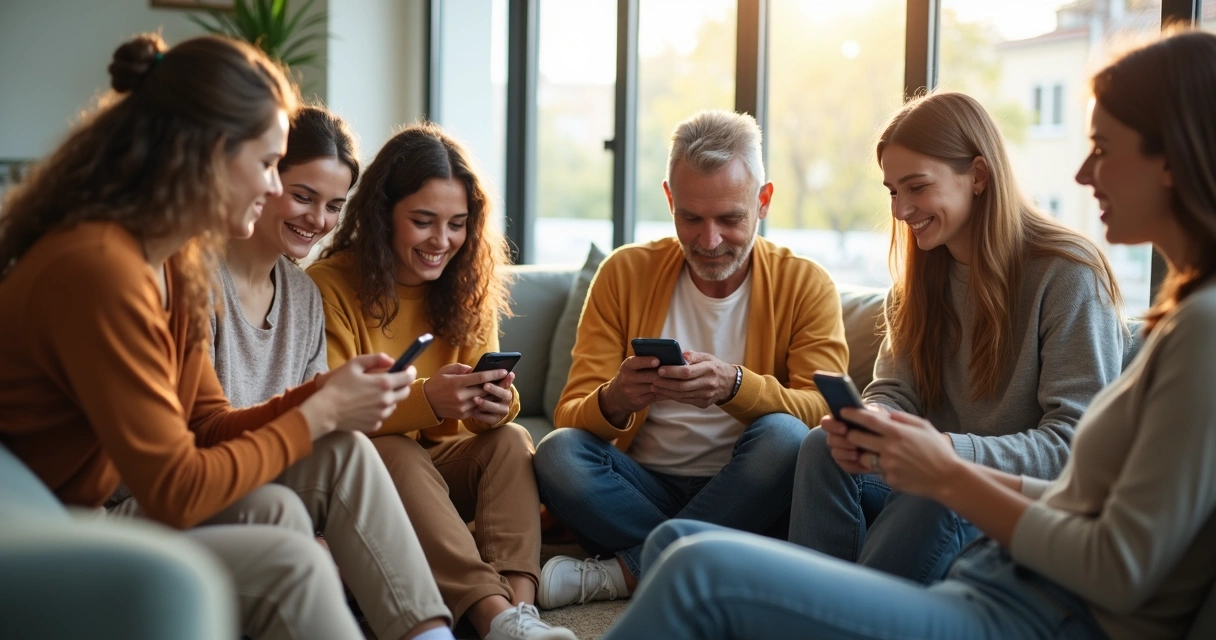 Círculo de pessoas reunidas de diferentes idades, cada uma usando celular, sorrindo e trocando ideias. 