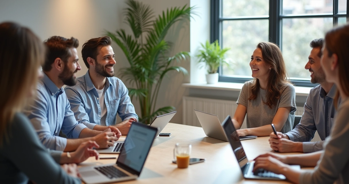 Negociação entre empresa e microinfluenciador, mesa de reunião com telas e smartphones 