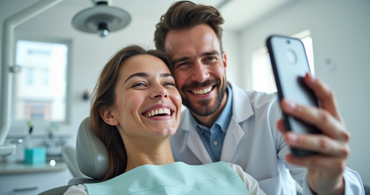 Profissional da área de odontologia gravando vídeo com paciente em consultório moderno. 