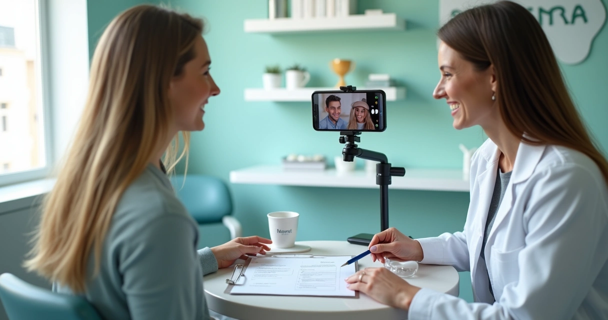 Microinfluenciadora gravando conteúdo de odontologia ao lado de dentista em consultório moderno 