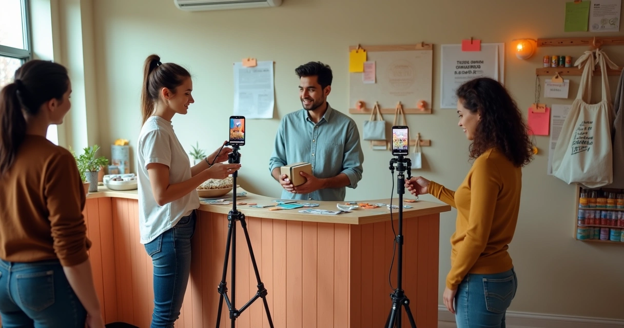 Dona de pequena empresa gravando vídeo com microinfluenciadores em cenário colorido 