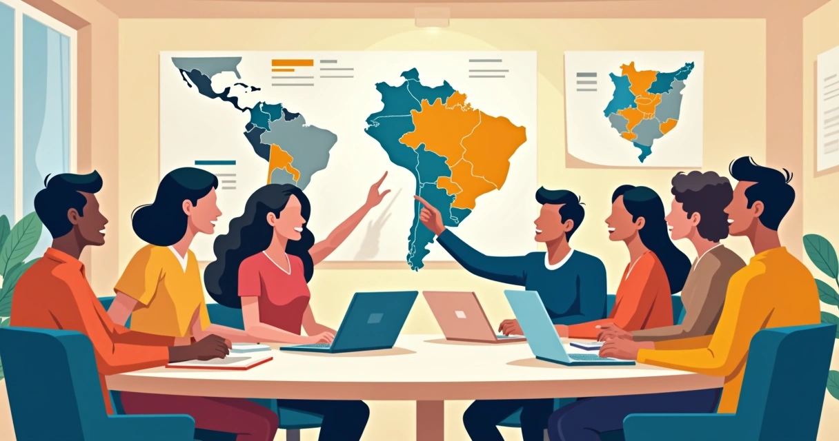 Microinfluenciadores reúnem-se com equipe de campanha em sala com mapas