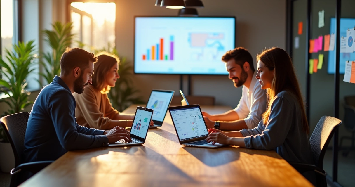 Equipe de marketing digital trabalhando em campanha de microinfluenciadores com computadores e gráficos na tela 