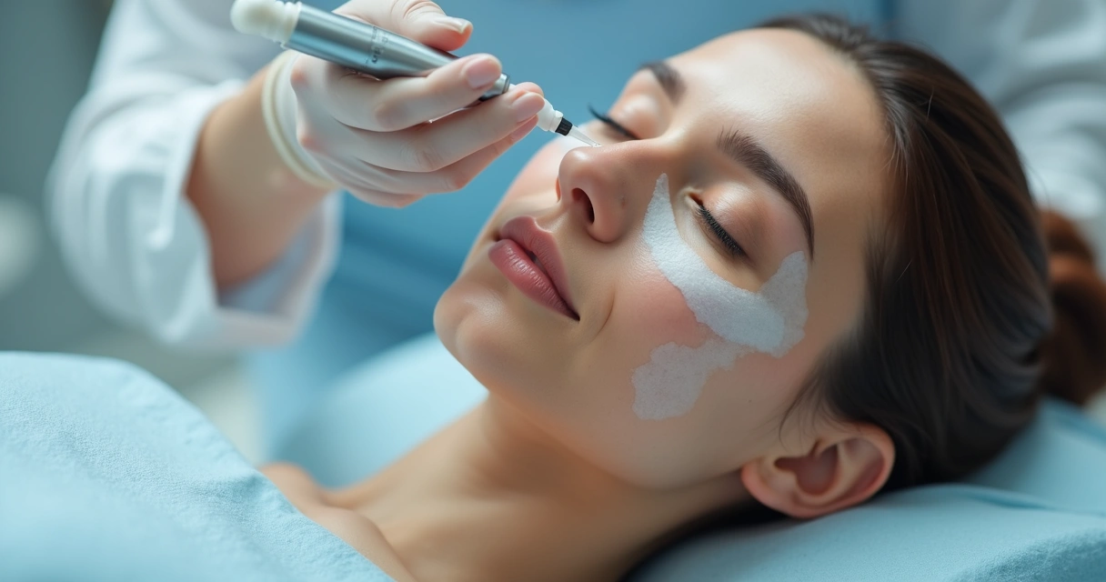 Microinfusão de medicamentos sendo aplicada no rosto de paciente com vitiligo 