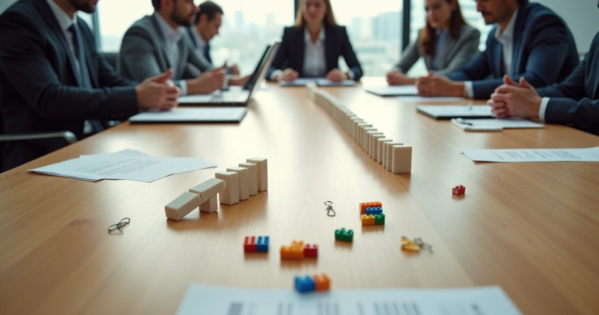 Pequenas peças derrubando uma linha de dominós durante reunião de equipe vista de cima 