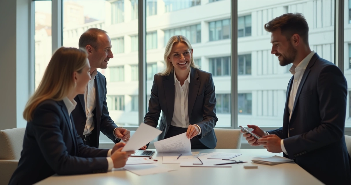Personas en una oficina conversando y compartiendo miradas breves 