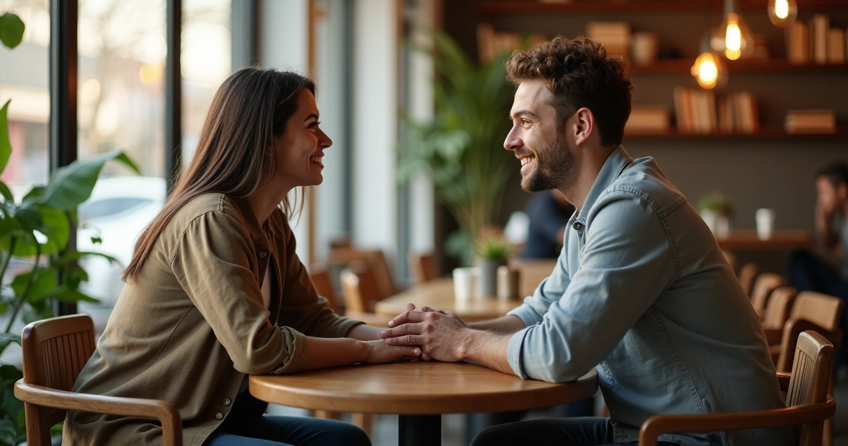 Dos personas conversan de cerca en una cafetería mientras se sonríen y se tocan suavemente el brazo 