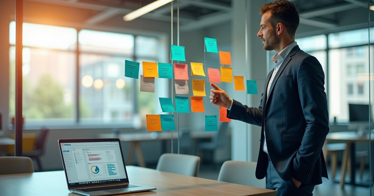 Profissional montando mural com blocos coloridos representando módulos curtos de aprendizagem 