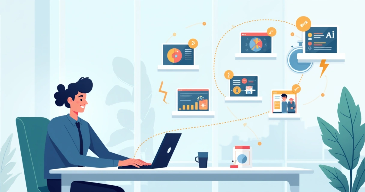 Profissional corporativo navegando por trilhas curtas de microlearning em telas flutuantes 