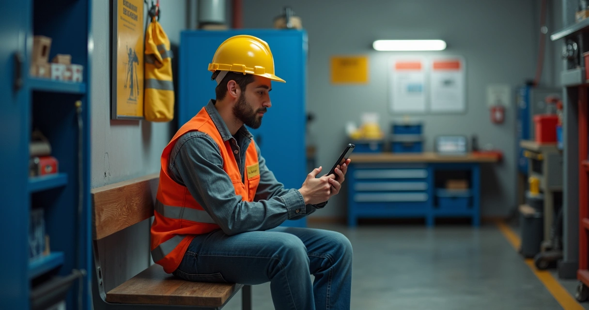 Colaborador assistindo vídeo de treinamento rápido no celular, em ambiente de fábrica 