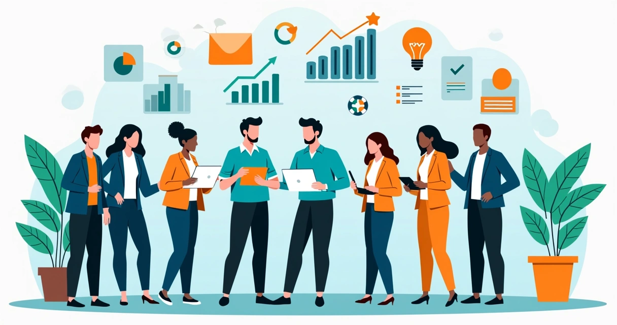 Equipe corporativa reunida em torno de dispositivos digitais, aprendendo em diferentes telas com conteúdos curtos e ilustrações de gráficos e dados em volta. 