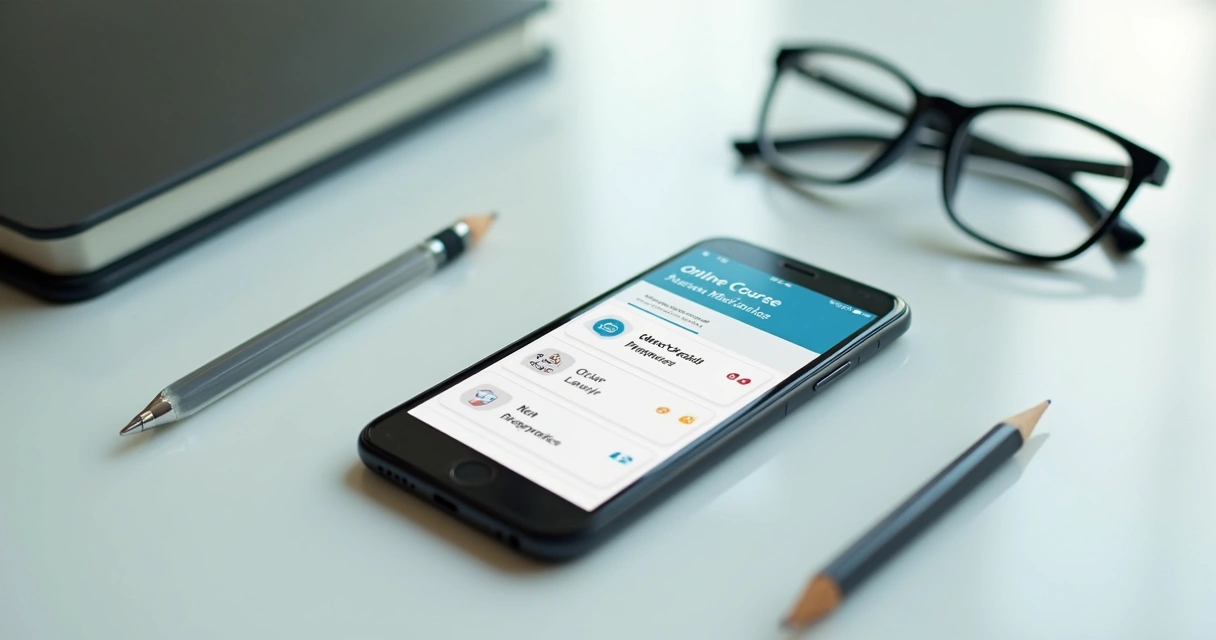 Celular exibindo módulo de curso rápido, destacado sobre fundo claro e minimalista. 