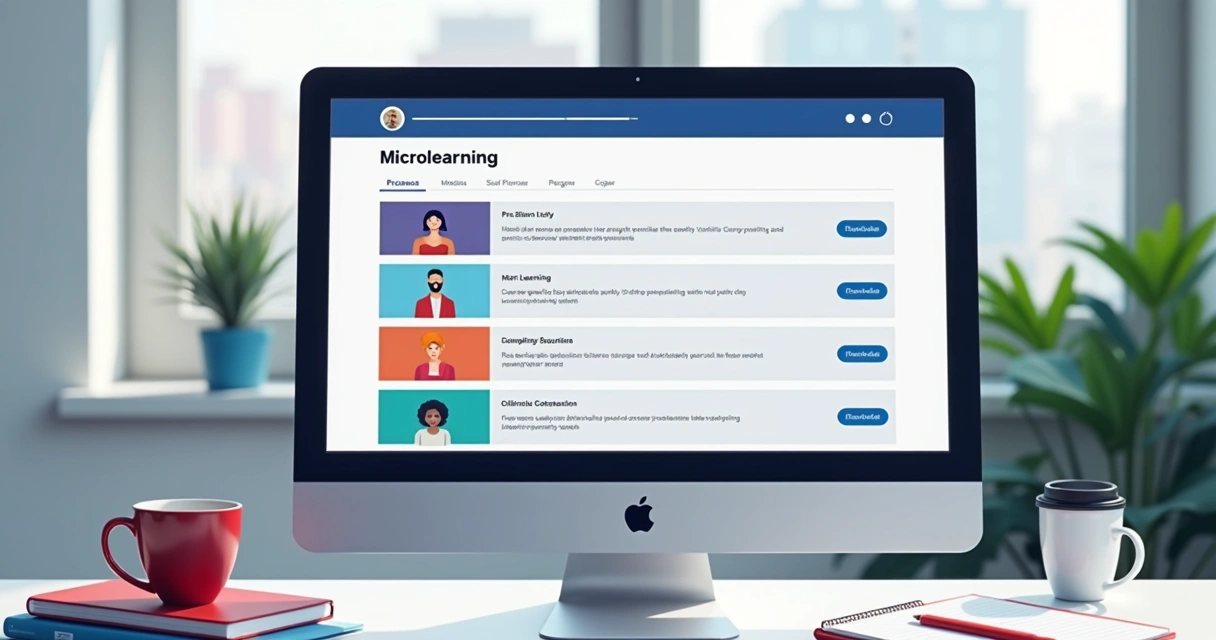 Tela de microlearning com módulos curtos em plataforma EAD empresarial. 