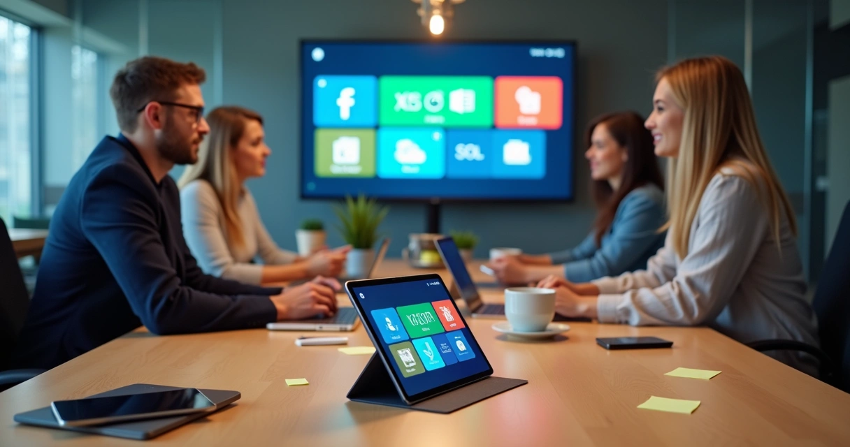 Colaboradores de uma empresa olhando um tablet com vídeos curtos de treinamento 