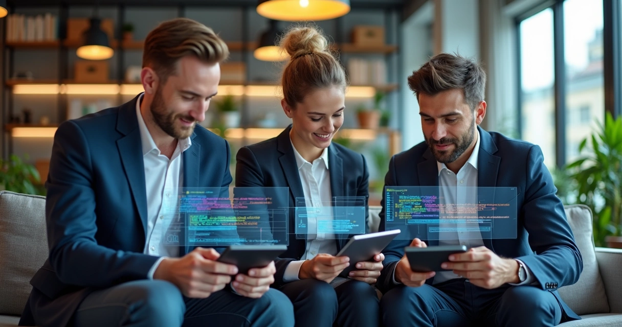 Profissionais de TI usando tablets assistindo microlearning em uma sala moderna 
