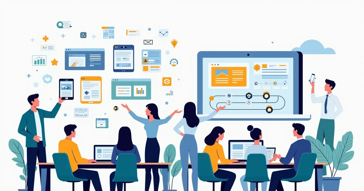 Ilustração de equipe conectada a plataforma com microlearning e trilhas de aprendizagem 