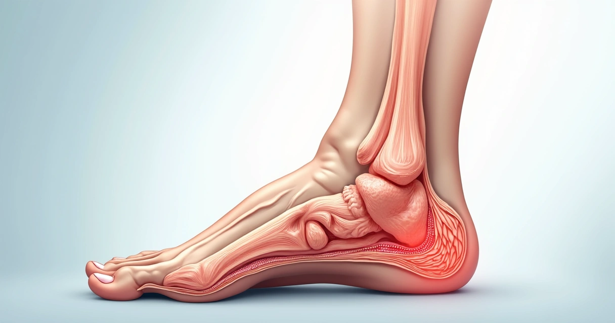 Representação digital de microlesões na fáscia plantar sob um pé humano visto de lado 