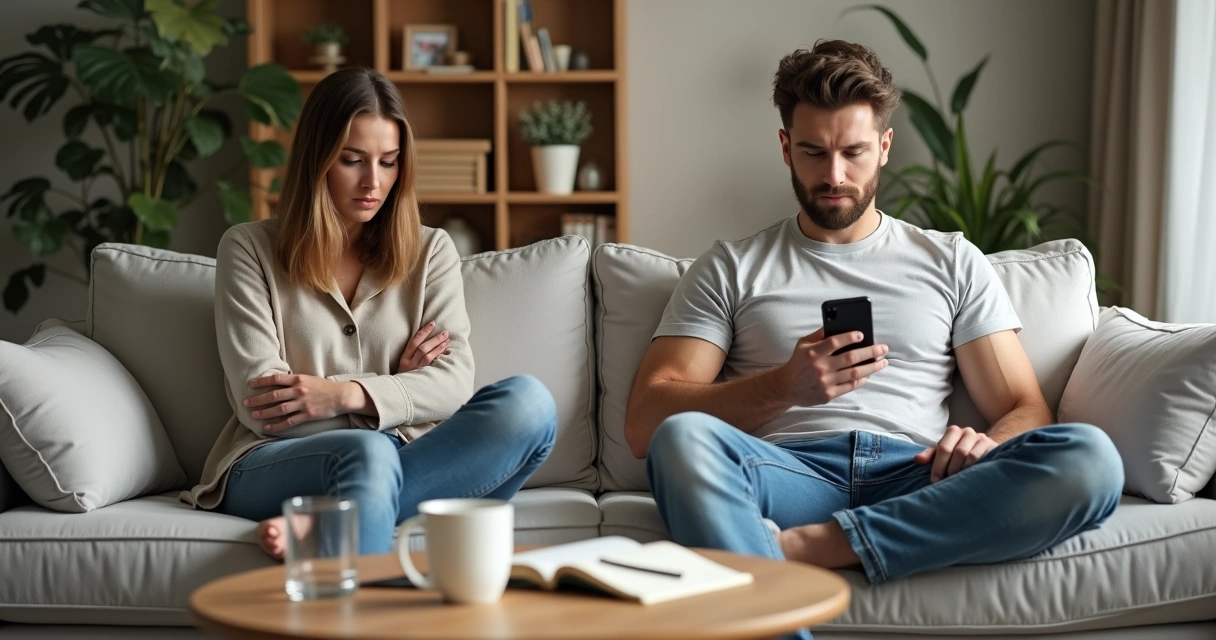Pareja sentada en un sofá captando un micromomento de conflicto cotidiano 