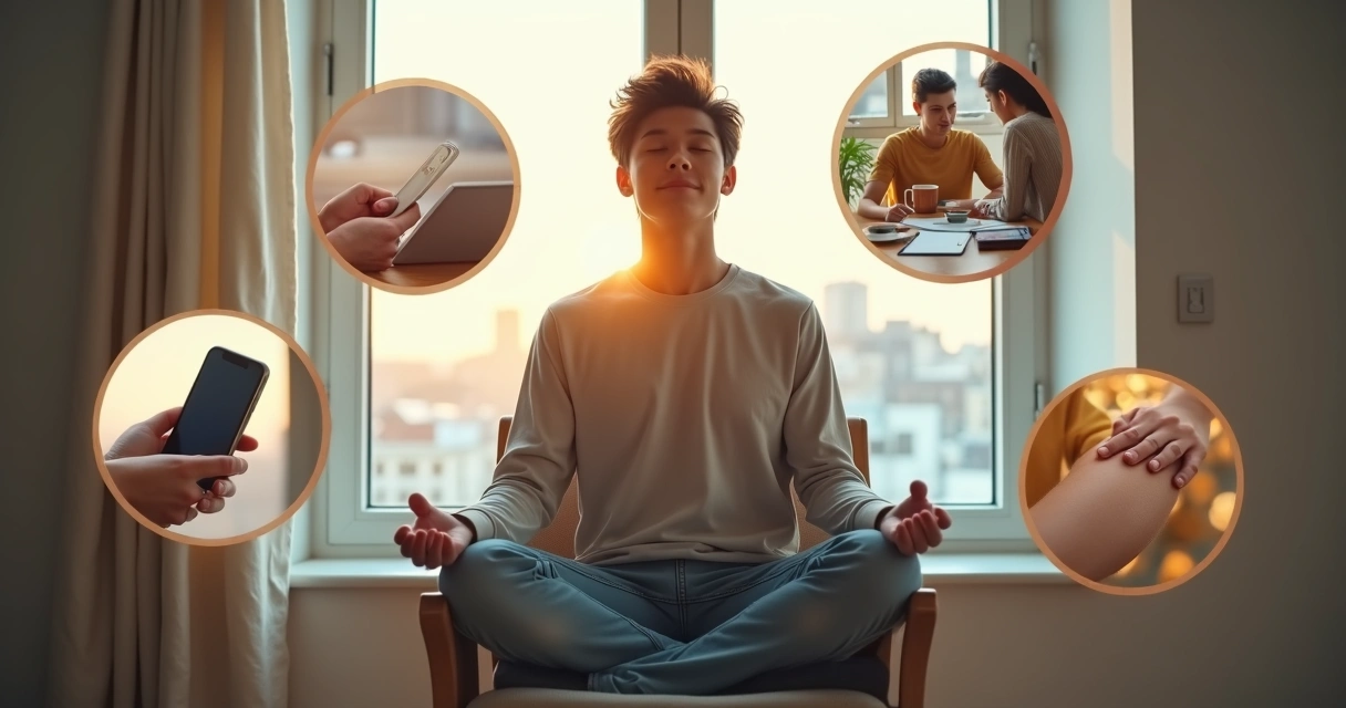 Persona observando pequeños momentos conscientes a lo largo del día en diferentes escenas cotidianas 