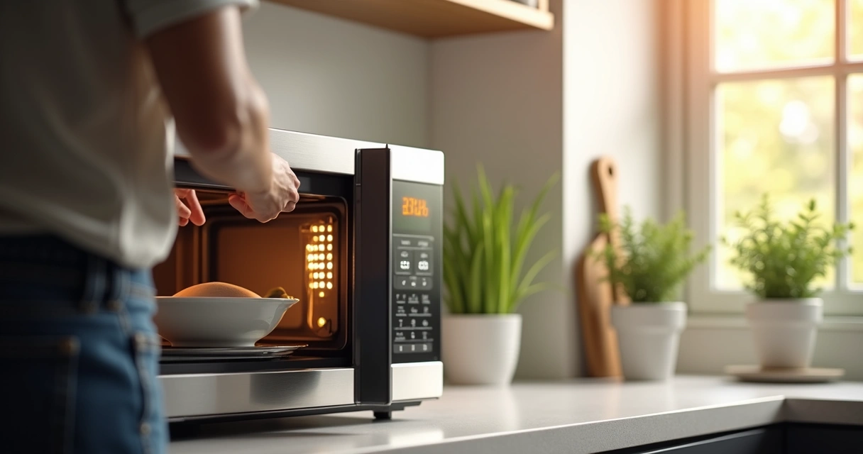 Pessoa colocando tigela no micro-ondas em cozinha moderna 