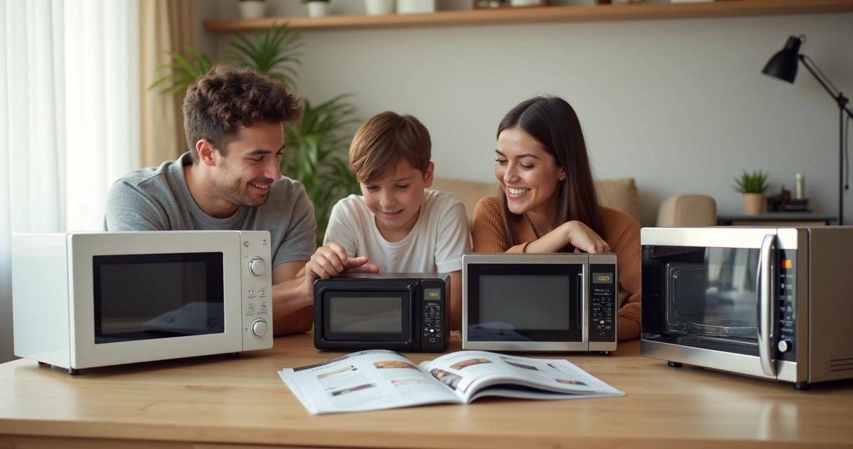 Família escolhendo micro-ondas em mesa com diferentes modelos lado a lado 