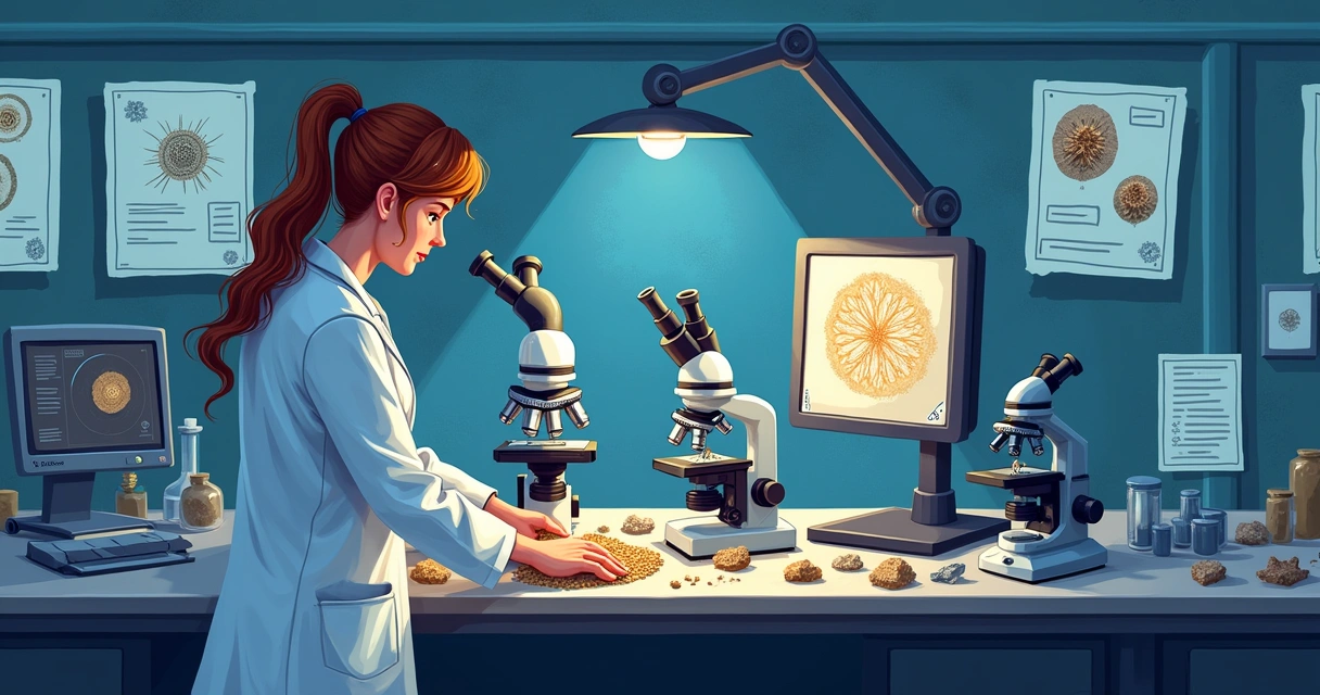 Laboratório com microscópios e amostras de fósseis microscópicos 