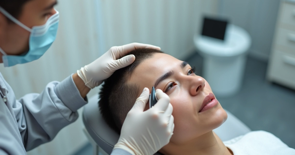 Profissional realiza micropigmentação capilar em região de entradas discreta 