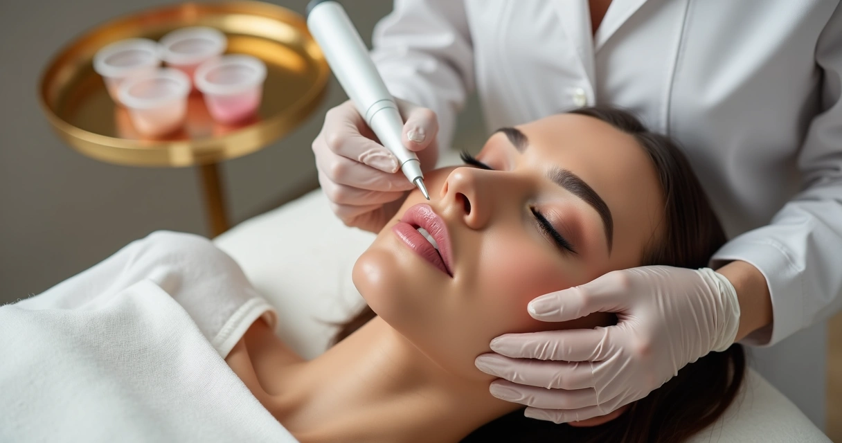 Profissional aplicando micropigmentação labial em clínica estética de luxo 
