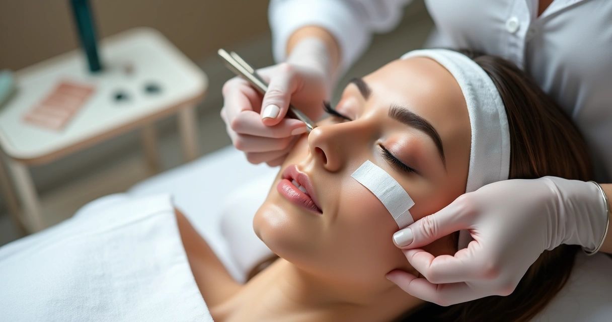 Profissional aplicando micropore próximo aos cílios de uma cliente em maca estética 