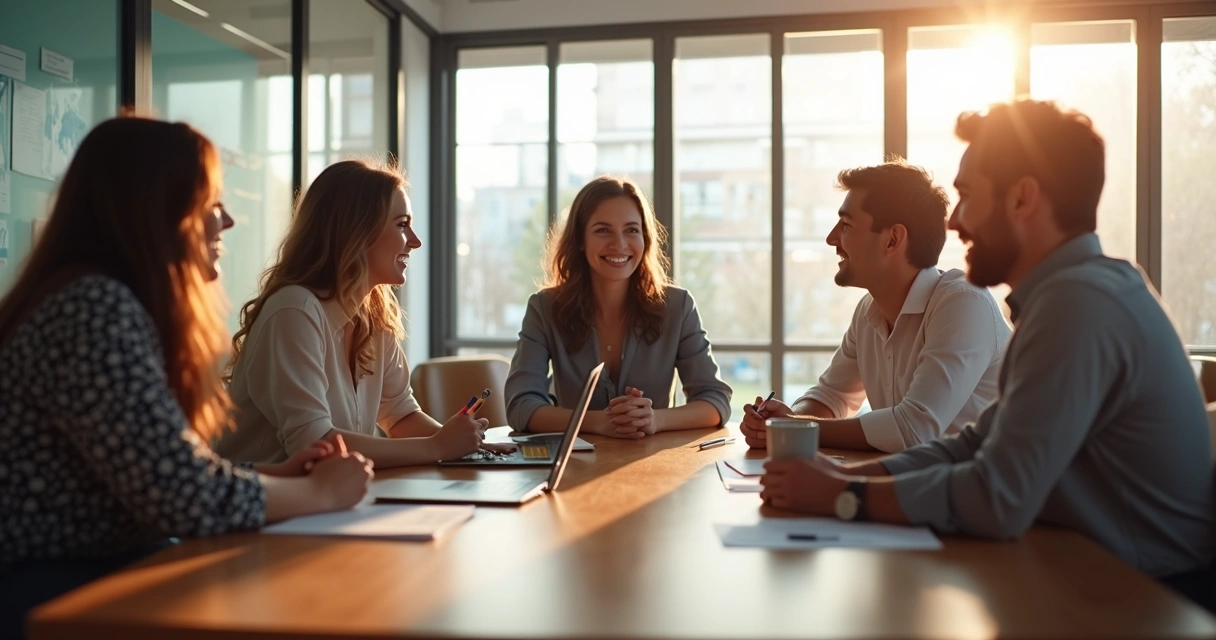 Personas en una mesa de trabajo compartiendo ideas con gestos de escucha activa