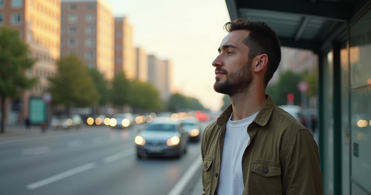 Homem parado em ponto de ônibus, olhos abertos, praticando meditação rápida no meio urbano