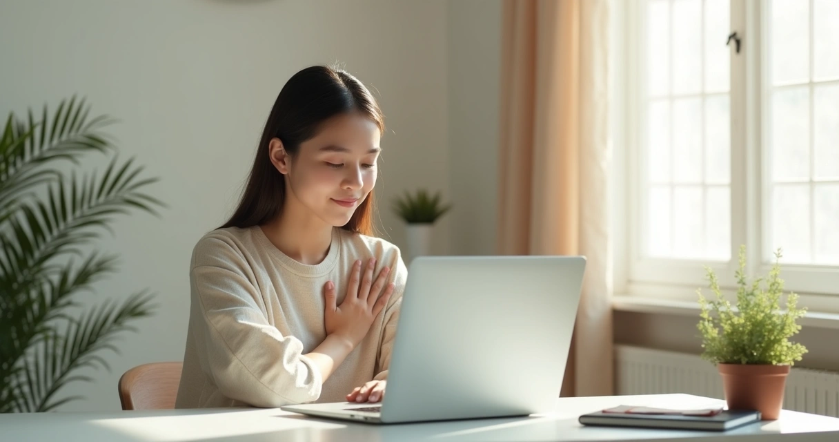 Pessoa praticando breve mindfulness em frente ao notebook